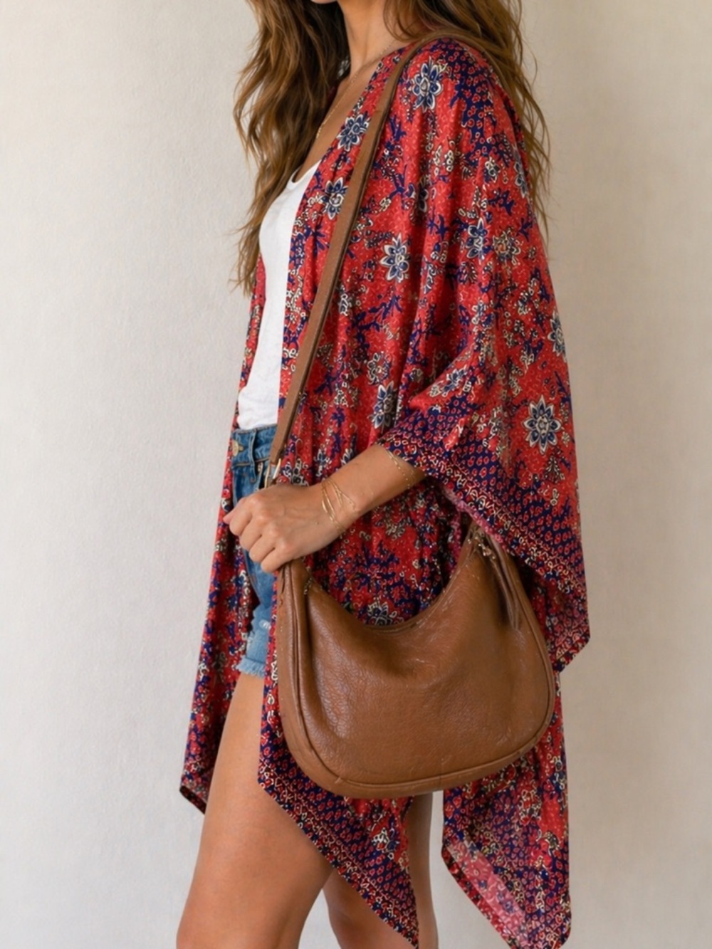 NWOT Japna Boho Floral Kimono Cardigan One Size Red Blue Lightweight
